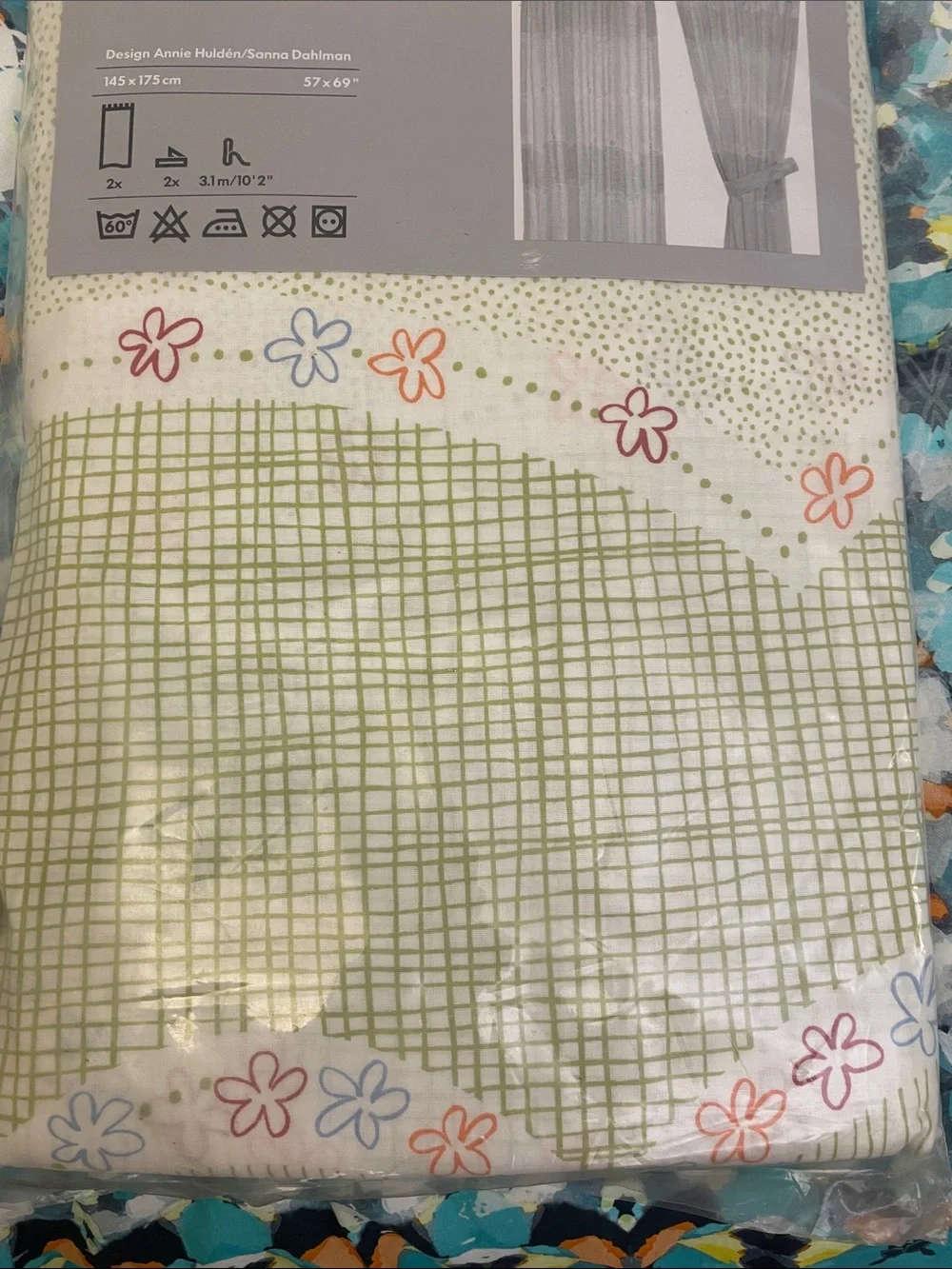 New IKEA Floral Grid Curtain Panel - White with Green Set of 2